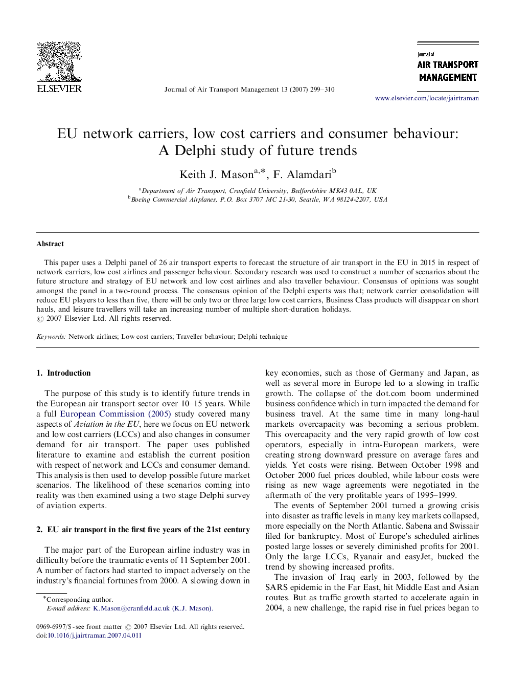 EU network carriers, low cost carriers and consumer behaviour: A Delphi study of future trends