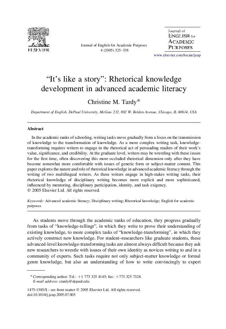 “It's like a story”: Rhetorical knowledge development in advanced academic literacy