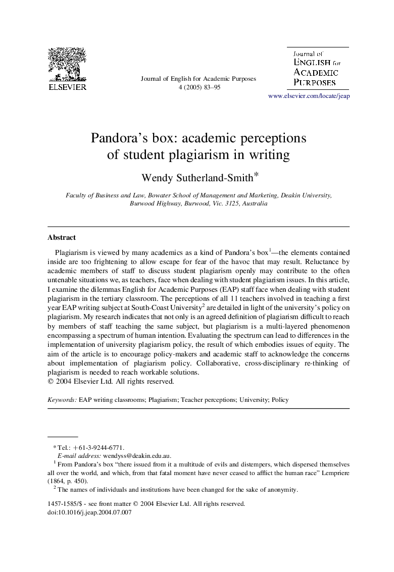 Pandora's box: academic perceptions of student plagiarism in writing