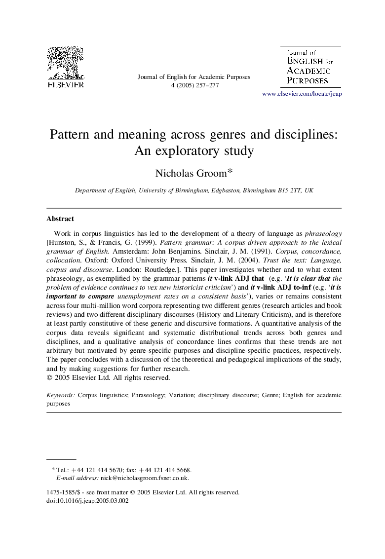 Pattern and meaning across genres and disciplines: An exploratory study