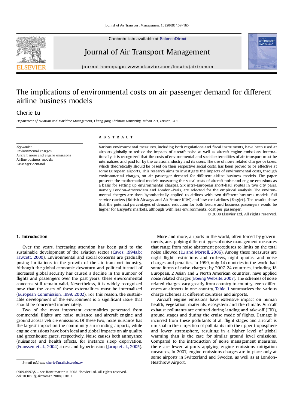 The implications of environmental costs on air passenger demand for different airline business models