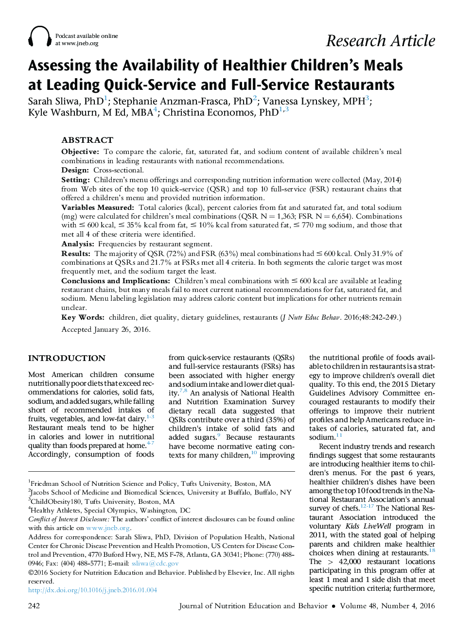 Assessing the Availability of Healthier Children's Meals atÂ Leading Quick-Service and Full-Service Restaurants