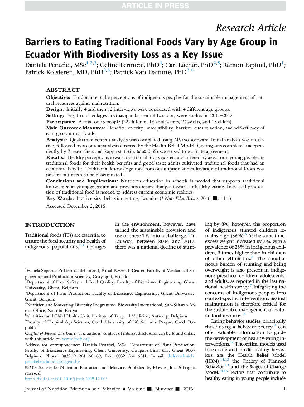 Barriers to Eating Traditional Foods Vary by Age Group in Ecuador With Biodiversity Loss as a Key Issue