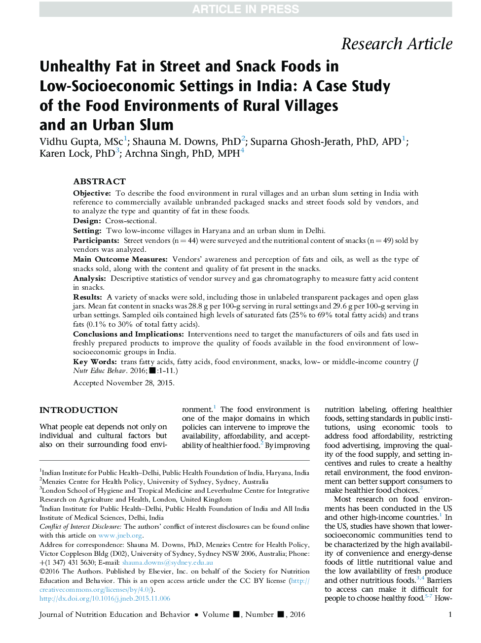 Unhealthy Fat in Street and Snack Foods in Low-Socioeconomic Settings in India: A Case Study of the Food Environments of Rural Villages and an Urban Slum