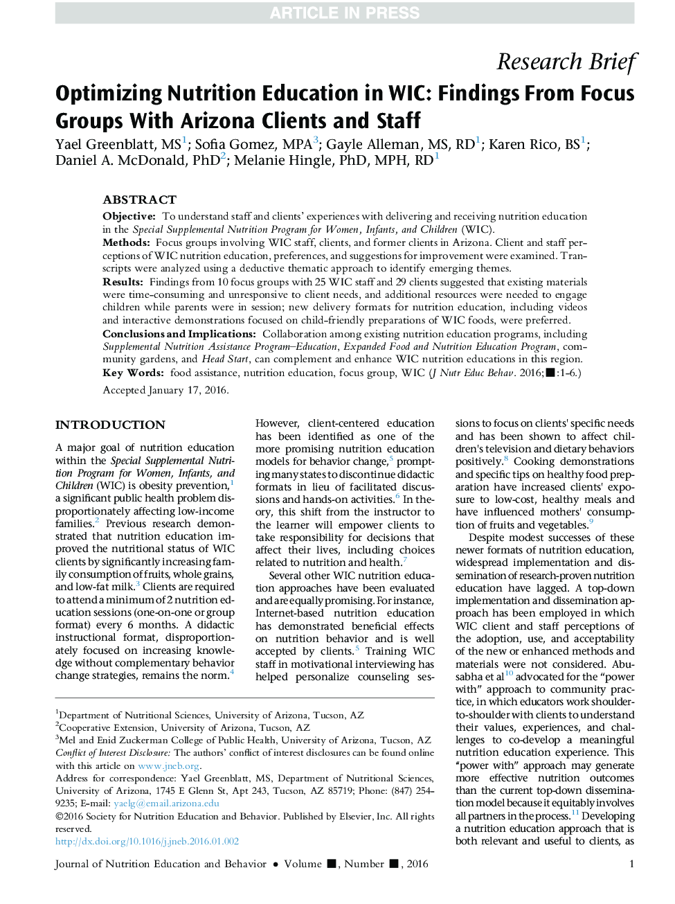 Optimizing Nutrition Education in WIC: Findings From Focus Groups With Arizona Clients and Staff