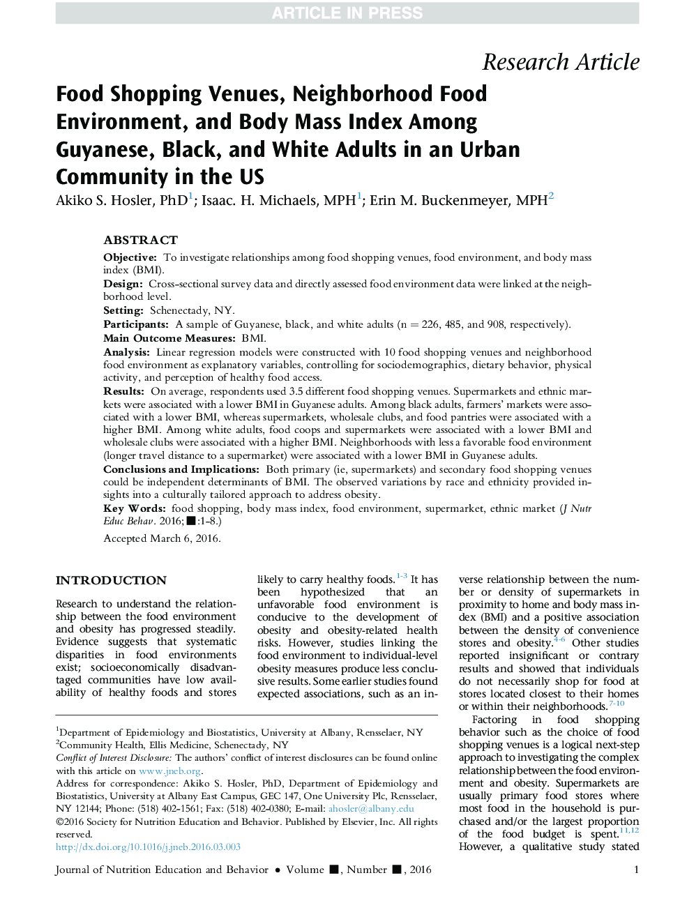 مراکز خرید غذا، محیط غذایی محله و شاخص توده بدنی در میان جوانان گایان، سیاه و سفید در یک جامعه شهری در ایالات متحده 