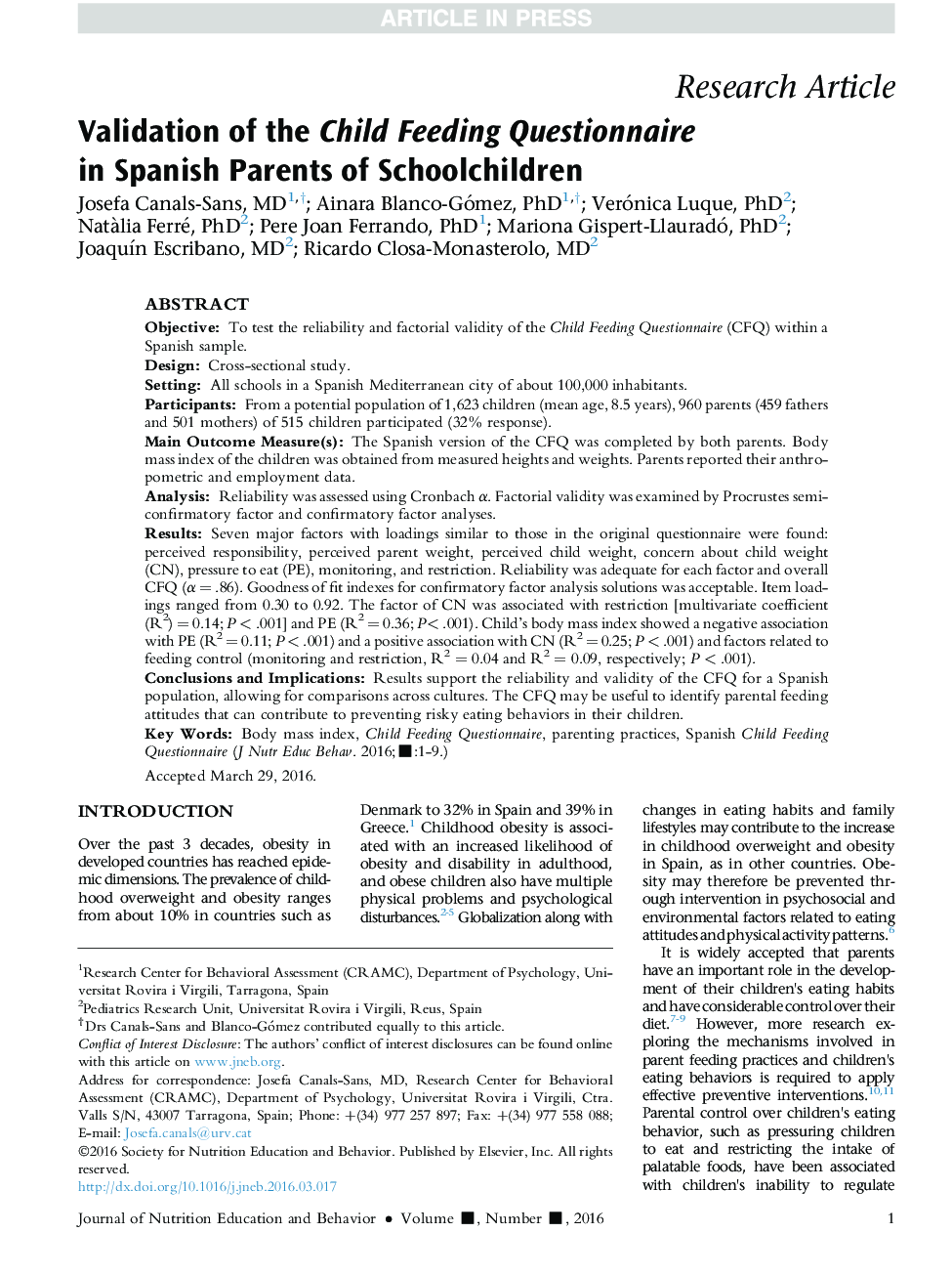 Validation of the Child Feeding Questionnaire inÂ Spanish Parents of Schoolchildren