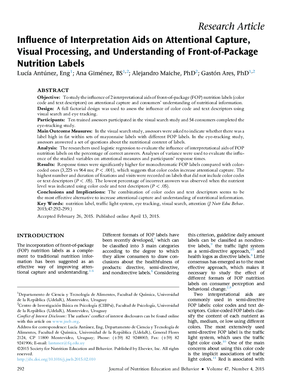 Influence of Interpretation Aids on Attentional Capture, Visual Processing, and Understanding of Front-of-Package Nutrition Labels