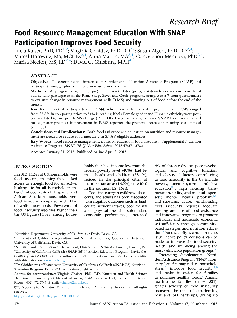 Food Resource Management Education With SNAP Participation Improves Food Security