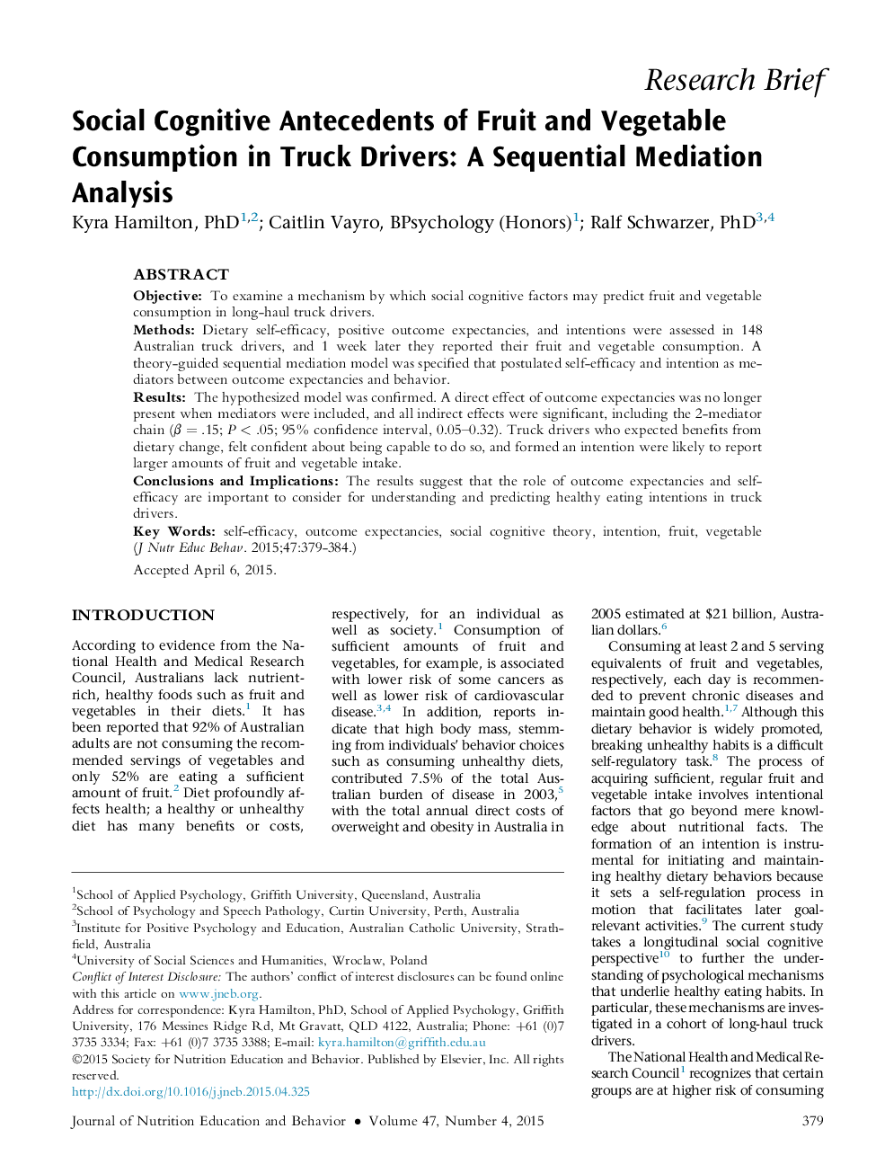 Social Cognitive Antecedents of Fruit and Vegetable Consumption in Truck Drivers: A Sequential Mediation Analysis