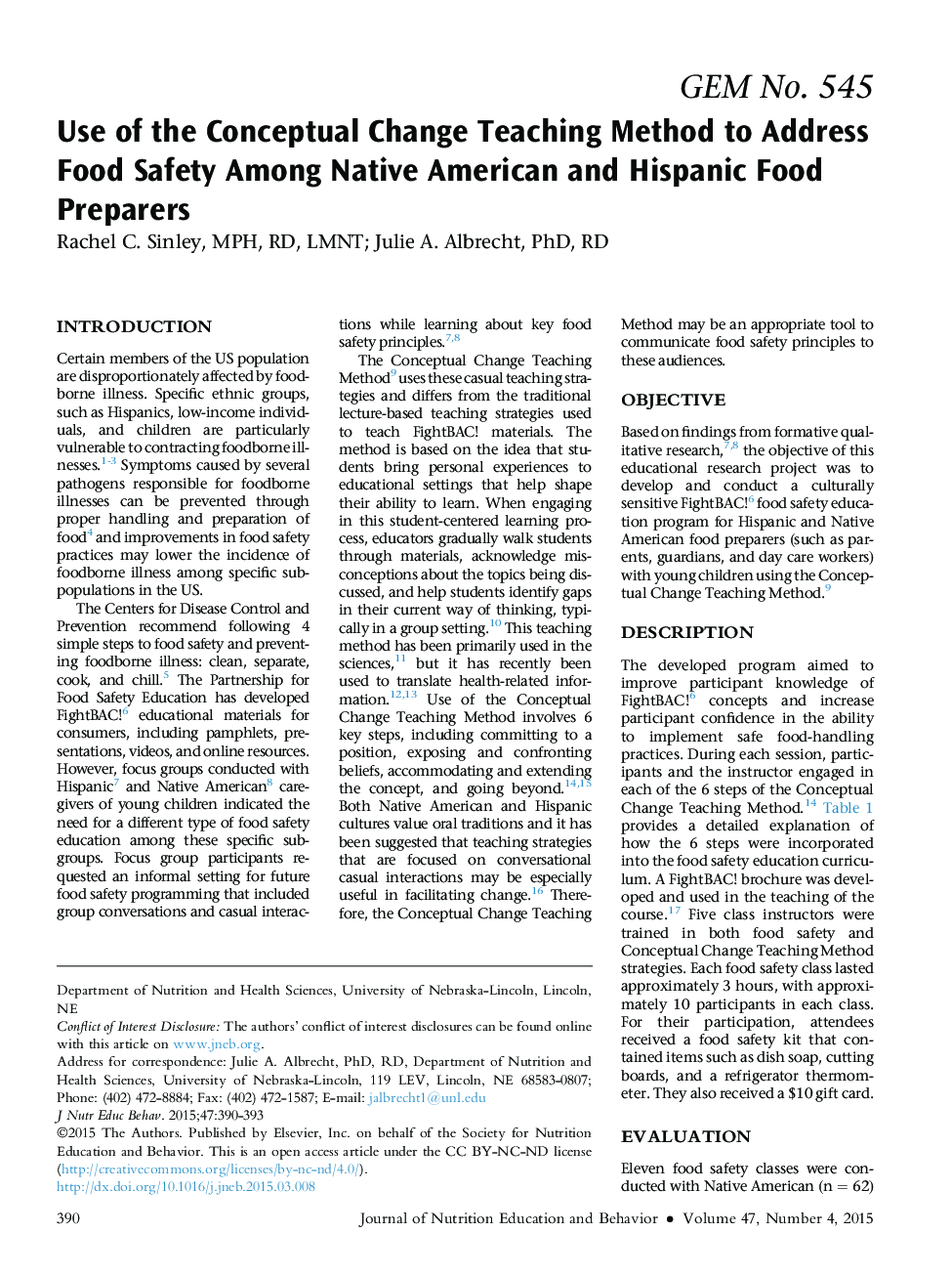 Use of the Conceptual Change Teaching Method to Address Food Safety Among Native American and Hispanic Food Preparers