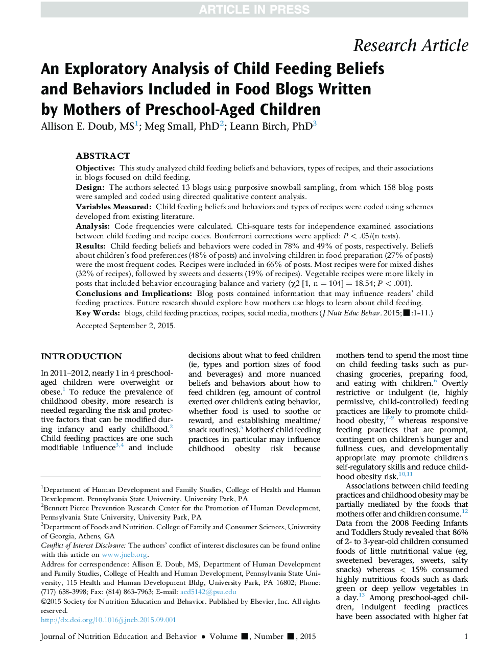An Exploratory Analysis of Child Feeding Beliefs and Behaviors Included in Food Blogs Written by Mothers of Preschool-Aged Children