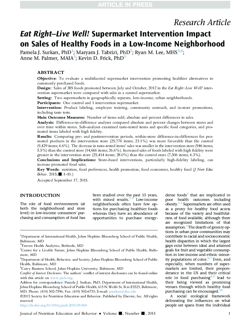 Eat Right-Live Well! Supermarket Intervention Impact onÂ Sales of Healthy Foods in a Low-Income Neighborhood