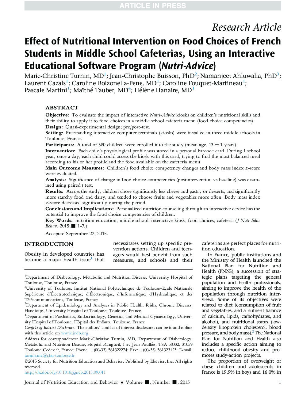 Effect of Nutritional Intervention on Food Choices of French Students in Middle School Cafeterias, Using an Interactive Educational Software Program (Nutri-Advice)