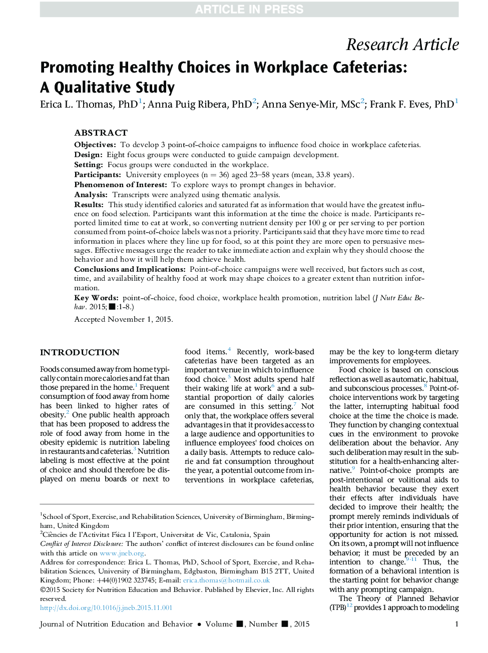 Promoting Healthy Choices in Workplace Cafeterias: AÂ Qualitative Study