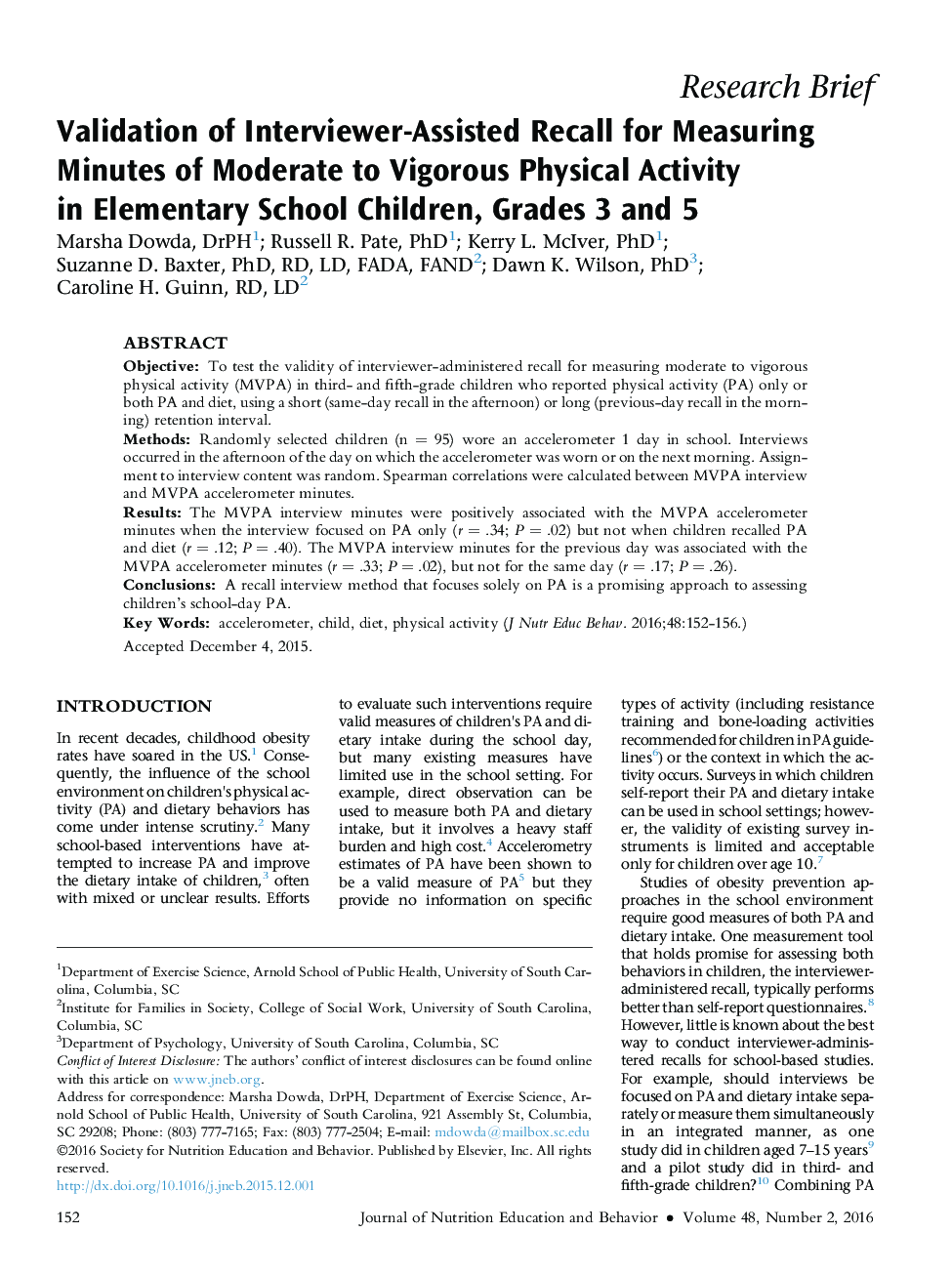 Validation of Interviewer-Assisted Recall for Measuring Minutes of Moderate to Vigorous Physical Activity inÂ Elementary School Children, Grades 3 and 5