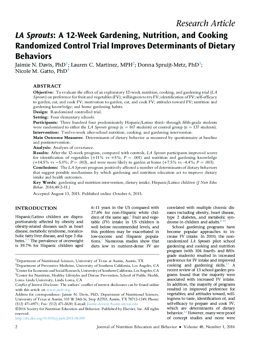 LA Sprouts: A 12-Week Gardening, Nutrition, and Cooking Randomized Control Trial Improves Determinants of Dietary Behaviors