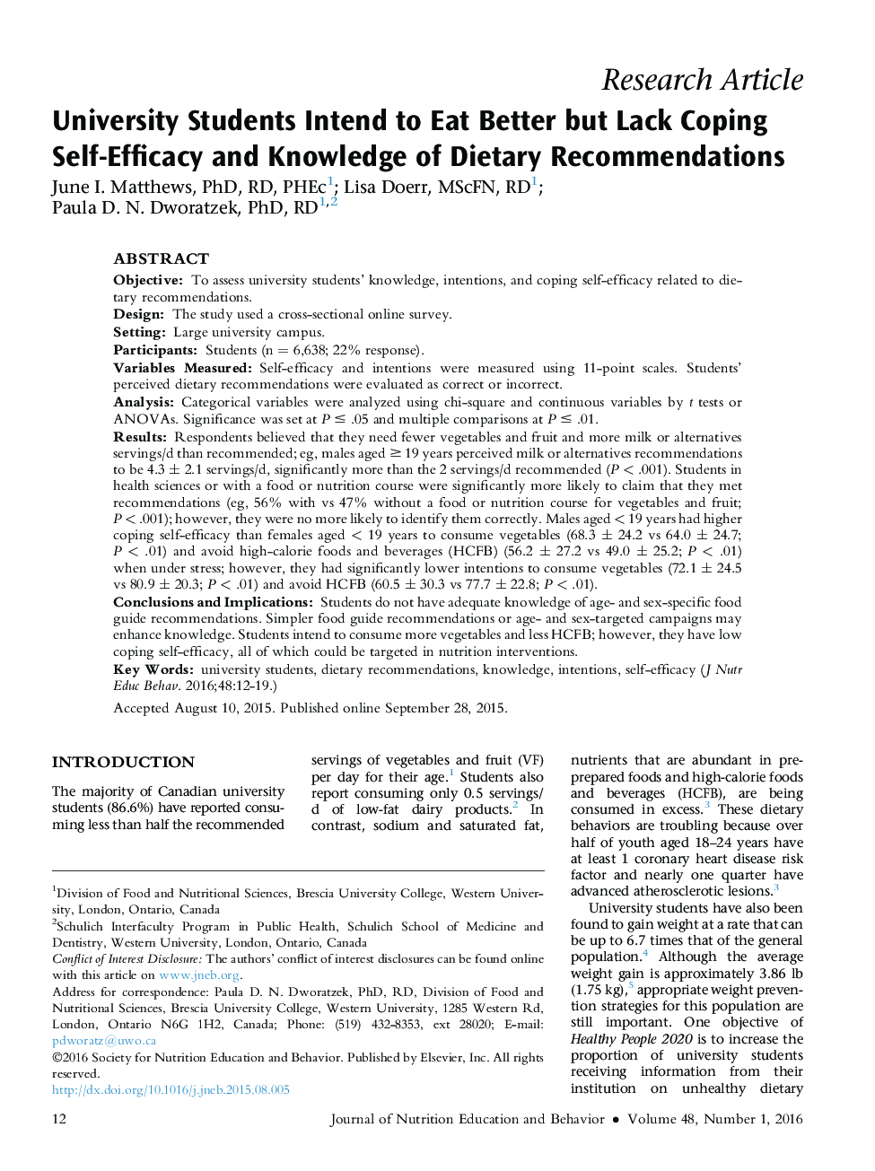 University Students Intend to Eat Better but Lack Coping Self-Efficacy and Knowledge of Dietary Recommendations