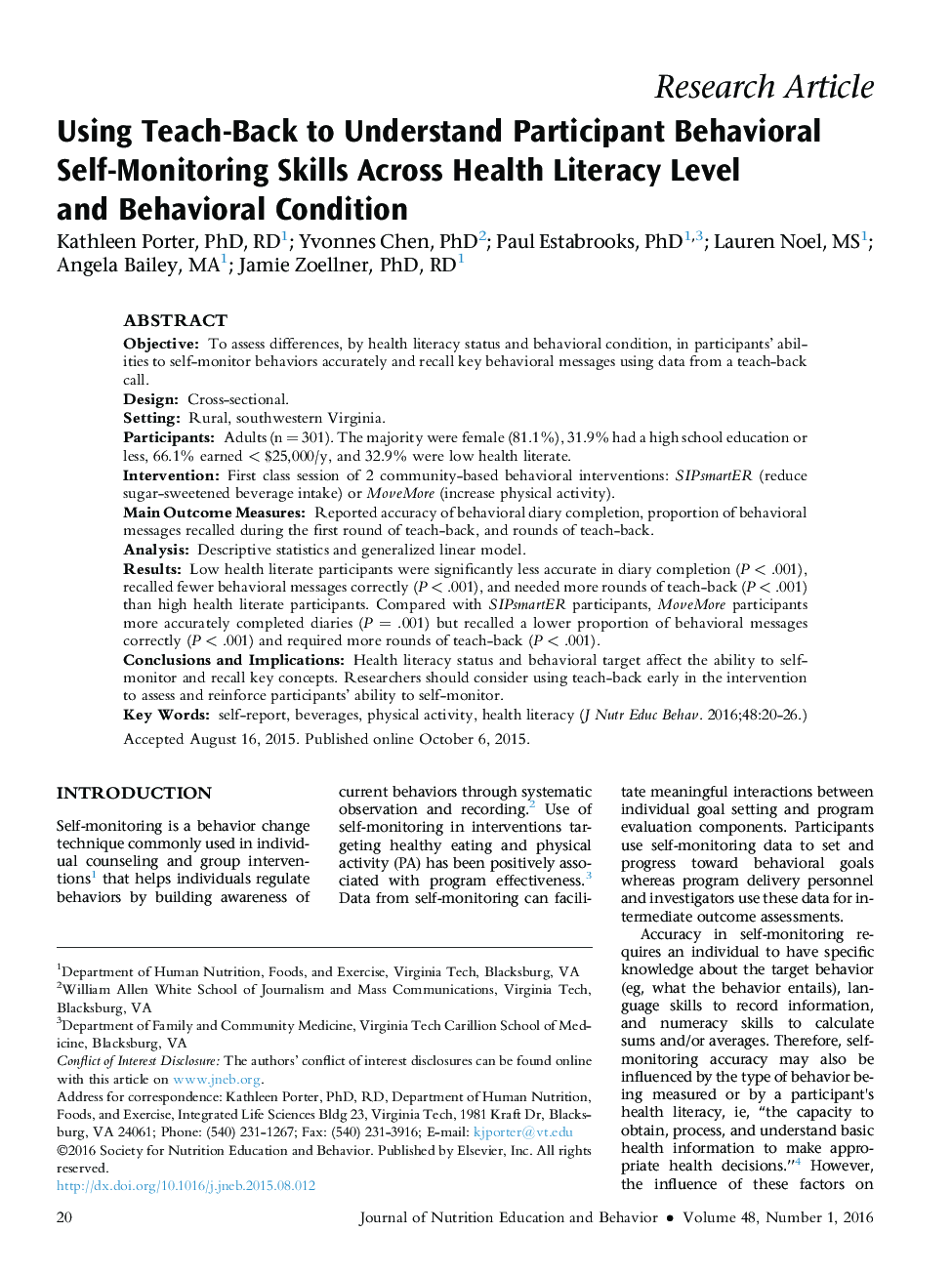 Using Teach-Back to Understand Participant Behavioral Self-Monitoring Skills Across Health Literacy Level andÂ Behavioral Condition