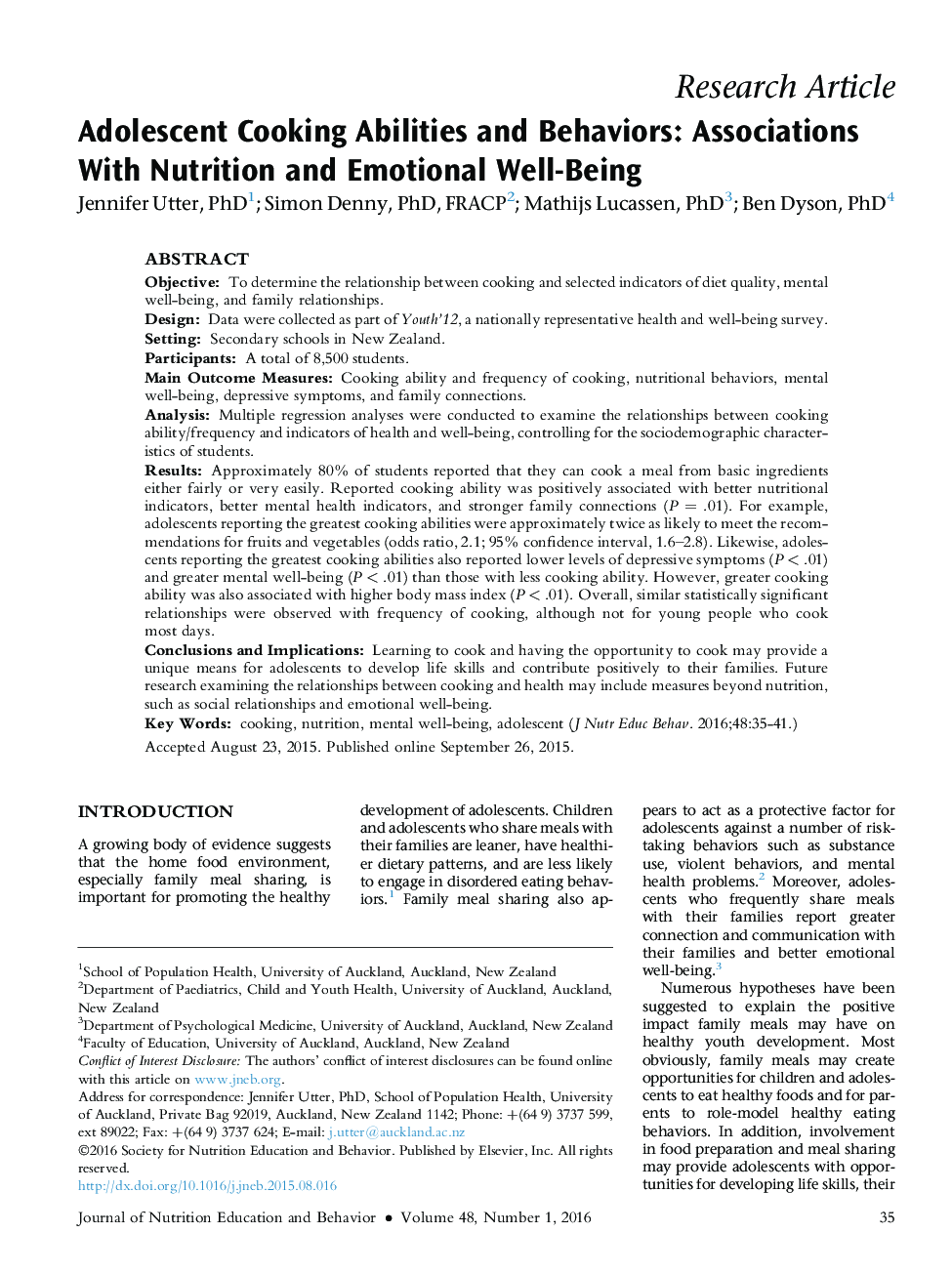 Adolescent Cooking Abilities and Behaviors: Associations With Nutrition and Emotional Well-Being