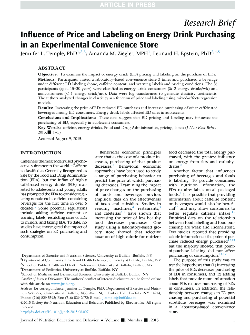 Influence of Price and Labeling on Energy Drink Purchasing in an Experimental Convenience Store