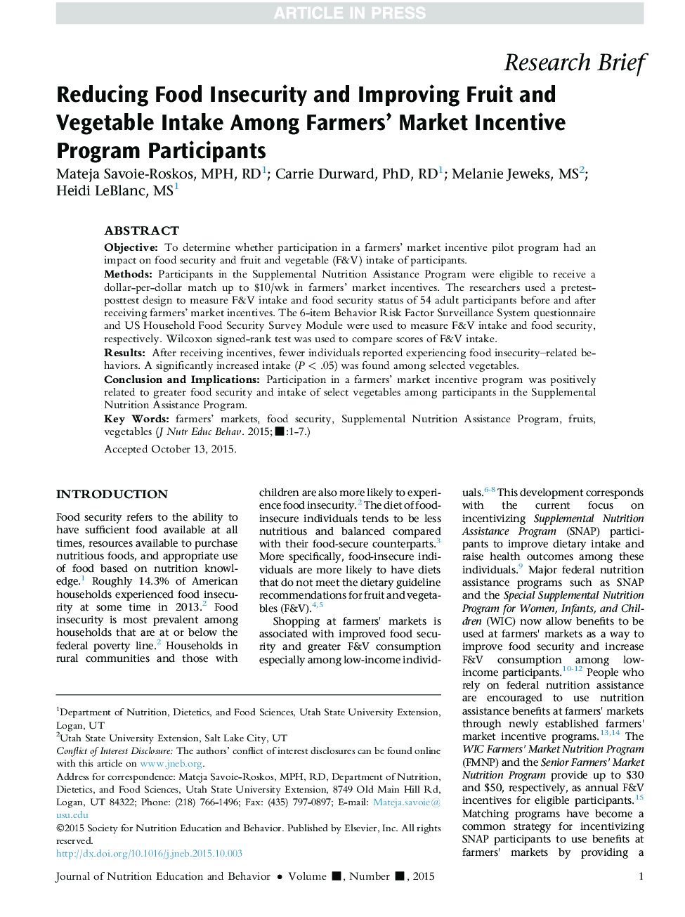 Reducing Food Insecurity and Improving Fruit and Vegetable Intake Among Farmers' Market Incentive ProgramÂ Participants