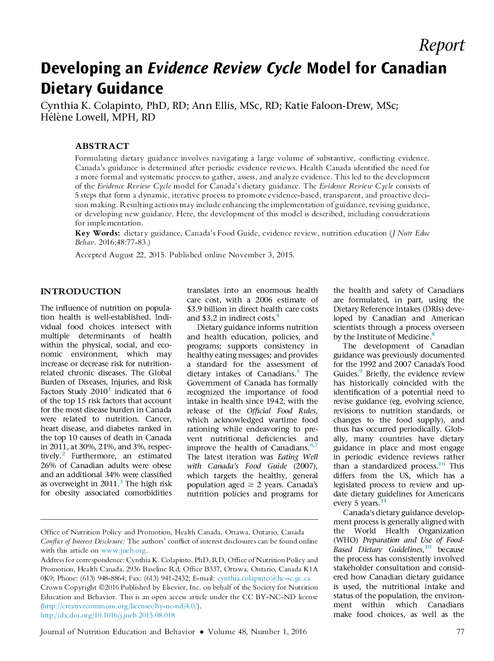 Developing an Evidence Review Cycle Model for Canadian Dietary Guidance