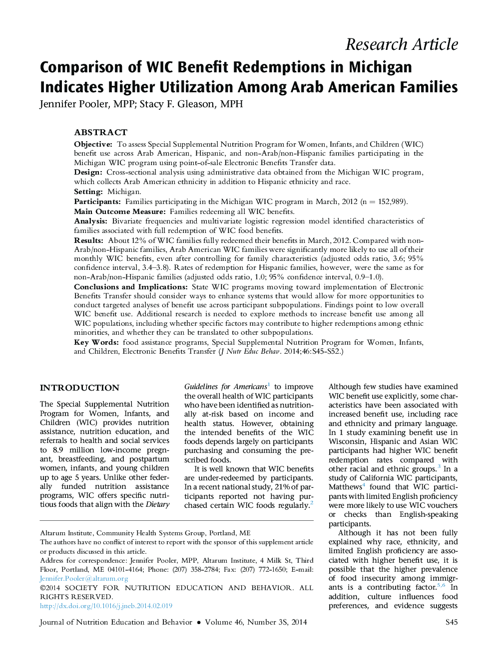 Comparison of WIC Benefit Redemptions in Michigan Indicates Higher Utilization Among Arab American Families