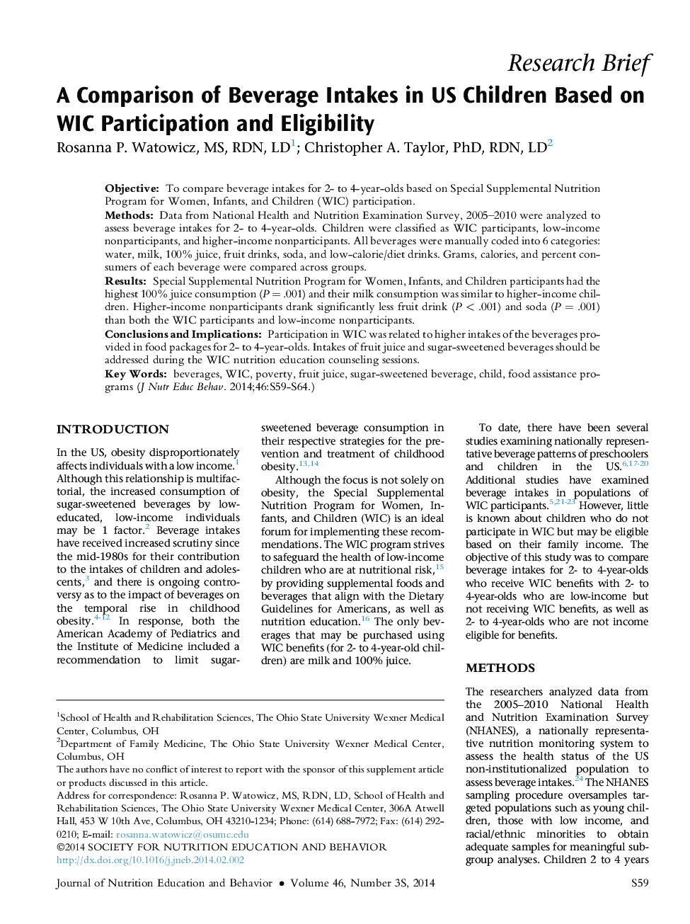 A Comparison of Beverage Intakes in US Children Based on WIC Participation and Eligibility