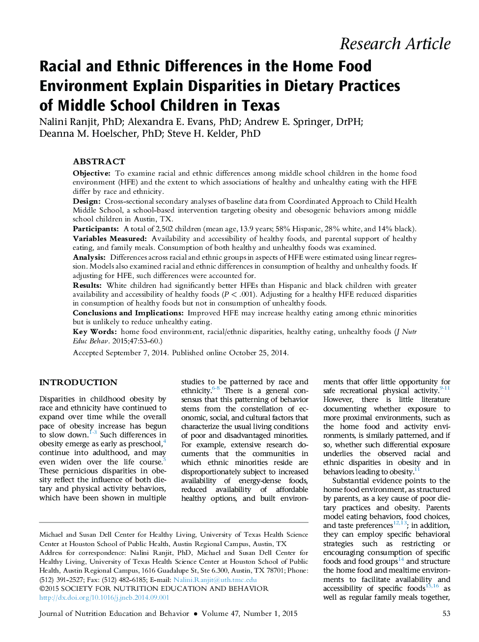 Racial and Ethnic Differences in the Home Food Environment Explain Disparities in Dietary Practices ofÂ Middle School Children in Texas