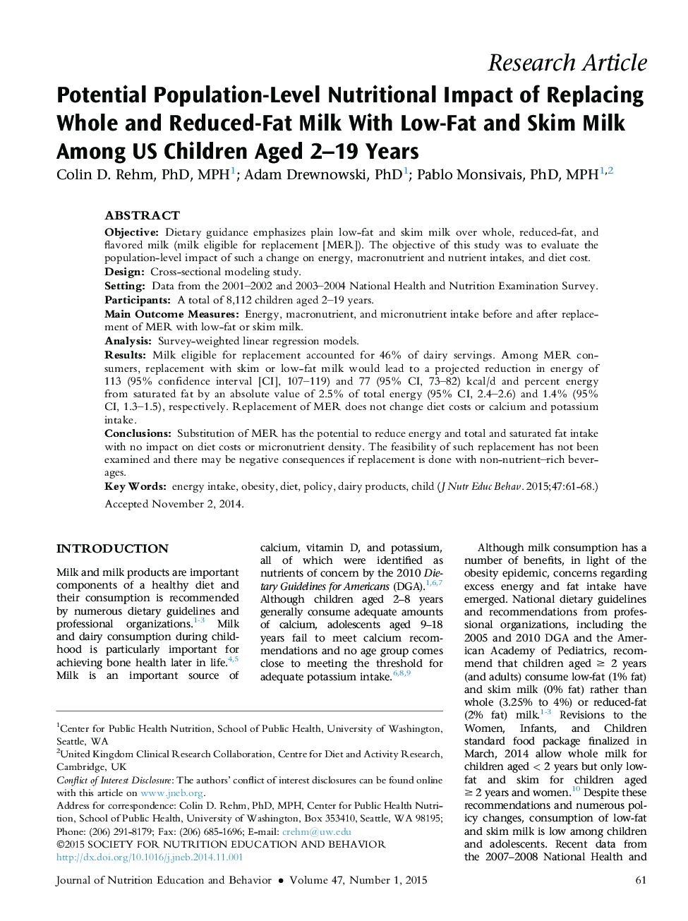 Potential Population-Level Nutritional Impact of Replacing Whole and Reduced-Fat Milk With Low-Fat and Skim Milk Among US Children Aged 2-19Â Years