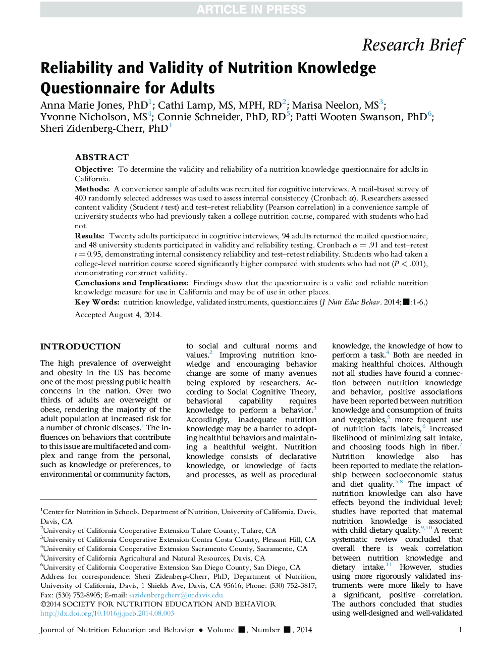 Reliability and Validity of Nutrition Knowledge Questionnaire for Adults