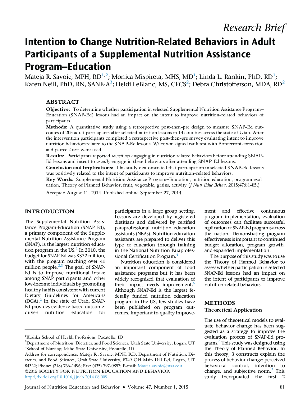 Intention to Change Nutrition-Related Behaviors in Adult Participants of a Supplemental Nutrition Assistance Program-Education