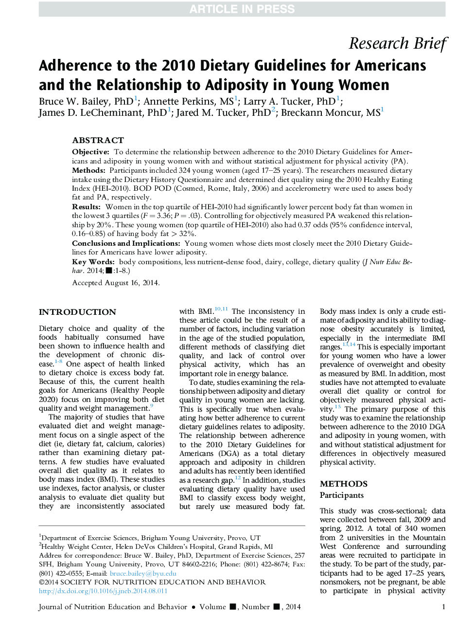 Adherence to the 2010 Dietary Guidelines for Americans and the Relationship to Adiposity in Young Women