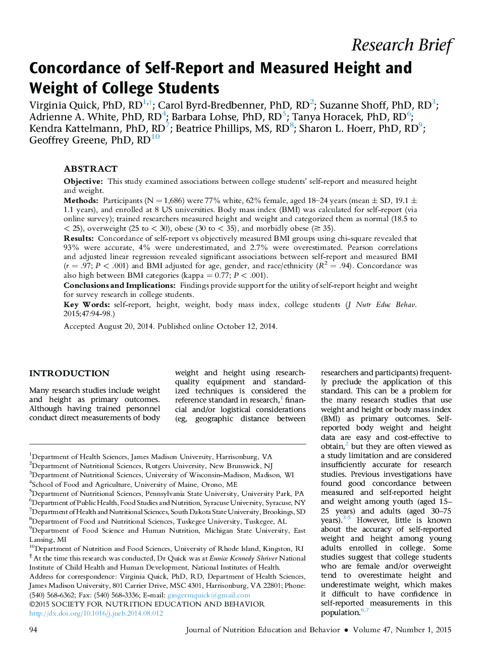 Concordance of Self-Report and Measured Height and Weight of College Students