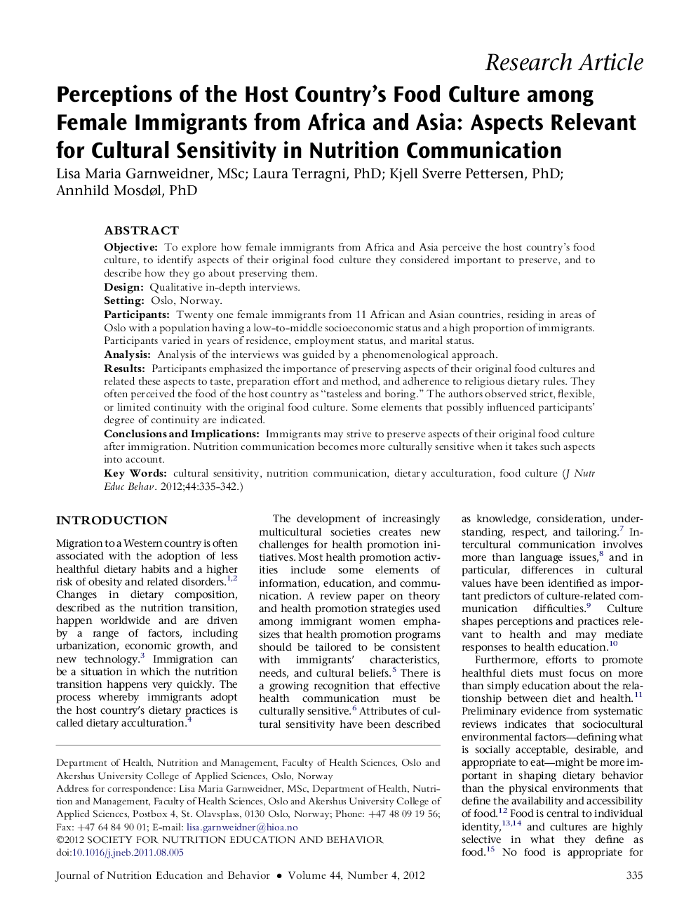 Perceptions of the Host Country's Food Culture among Female Immigrants from Africa and Asia: Aspects Relevant for Cultural Sensitivity in Nutrition Communication