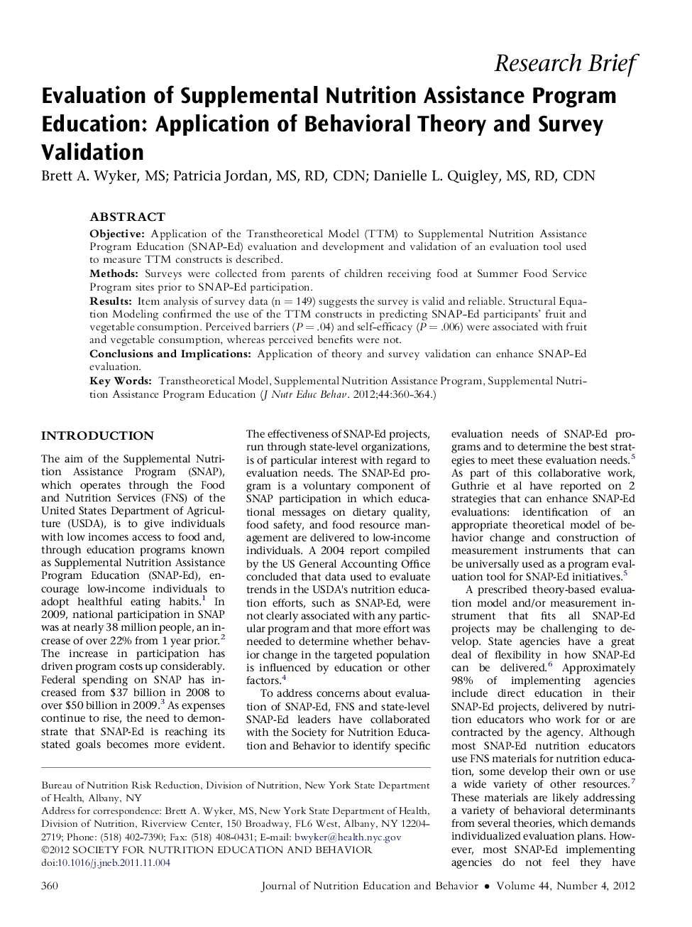 Evaluation of Supplemental Nutrition Assistance Program Education: Application of Behavioral Theory and Survey Validation