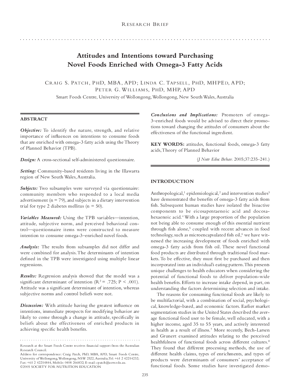 Attitudes and Intentions toward Purchasing Novel Foods Enriched with Omega-3 Fatty Acids