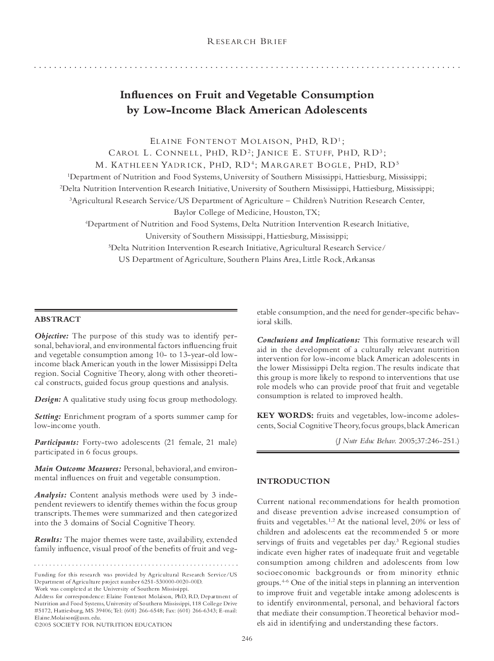 Influences on Fruit and Vegetable Consumption by Low-Income Black American Adolescents