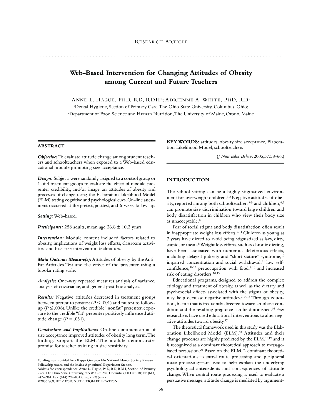 Web-Based Intervention for Changing Attitudes of Obesity among Current and Future Teachers