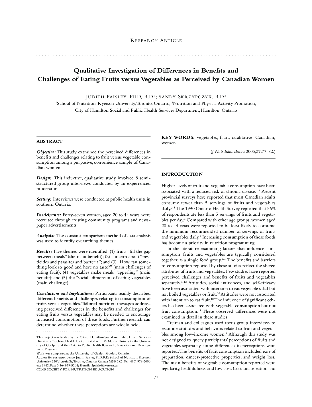 Qualitative Investigation of Differences in Benefits and Challenges of Eating Fruits versus Vegetables as Perceived by Canadian Women