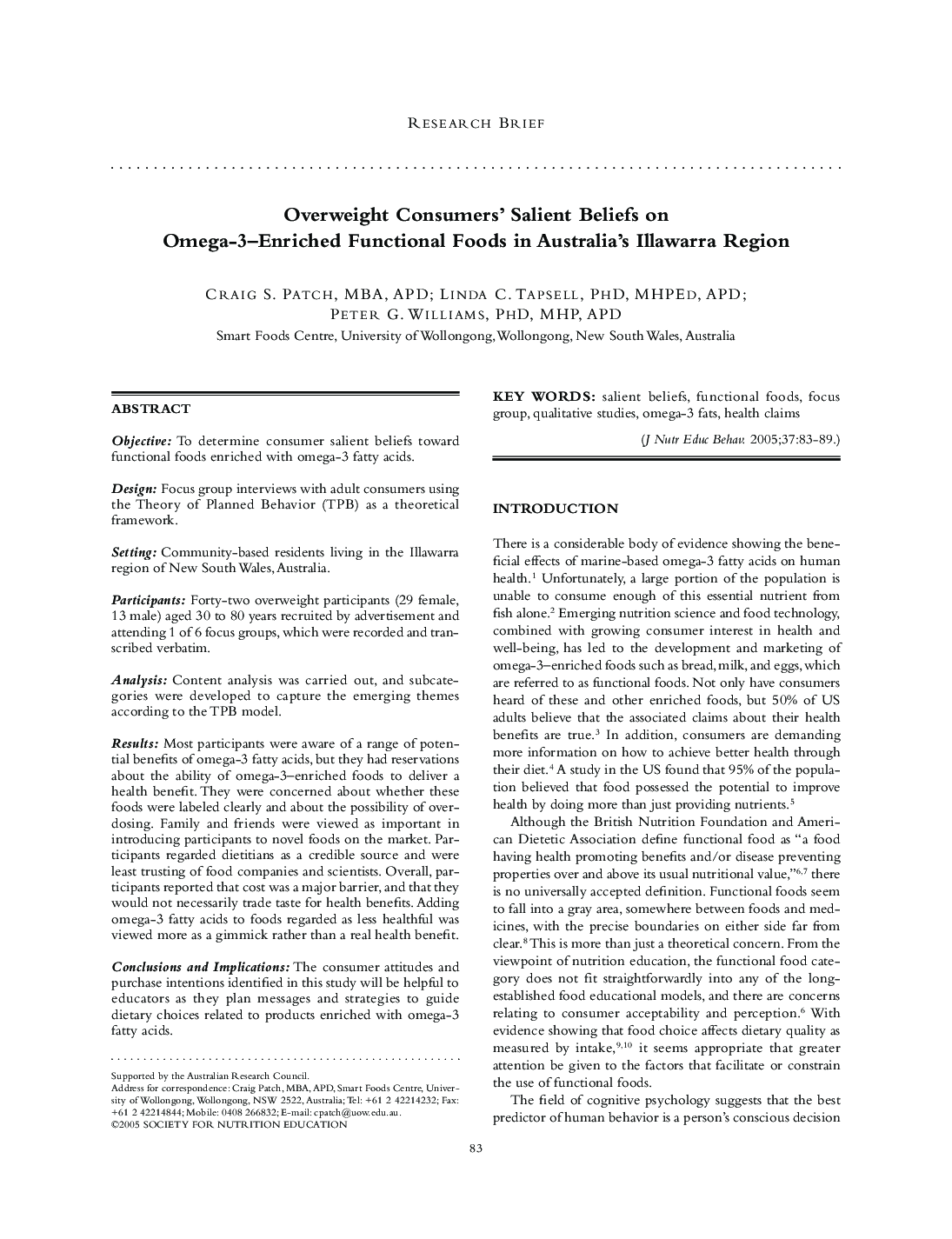 Overweight Consumers' Salient Beliefs on Omega-3-Enriched Functional Foods in Australia's Illawarra Region