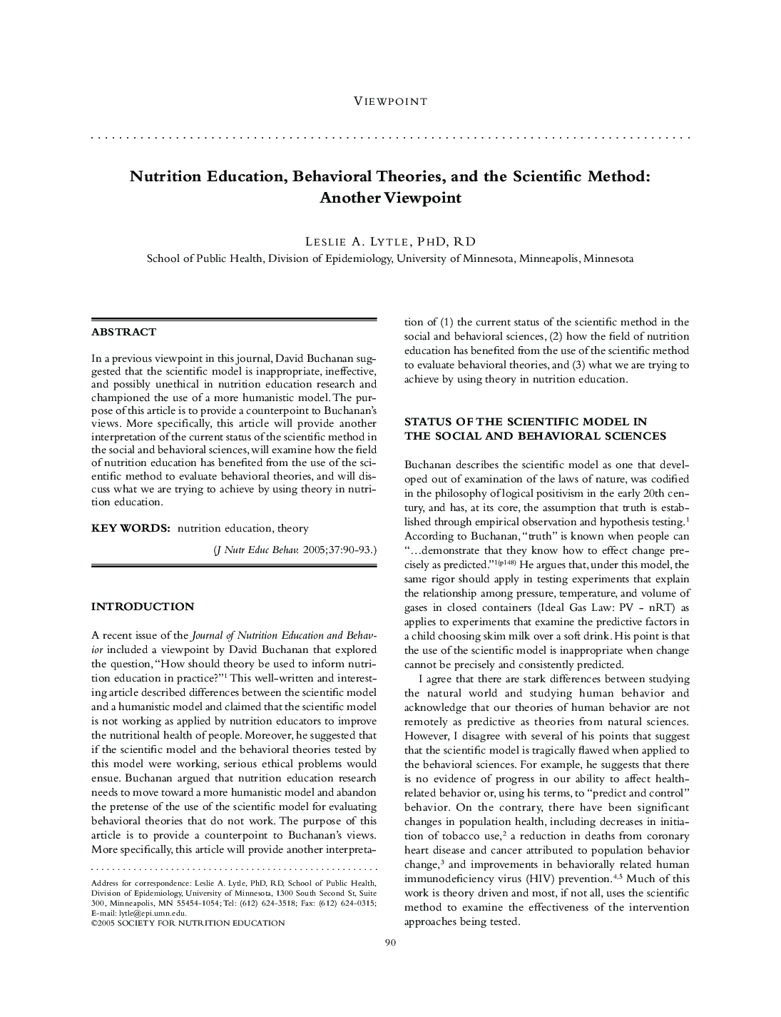 Nutrition Education, Behavioral Theories, and the Scientific Method: Another Viewpoint