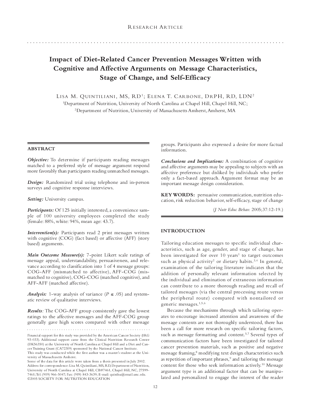 Impact of Diet-Related Cancer Prevention Messages Written with Cognitive and Affective Arguments on Message Characteristics, Stage of Change, and Self-Efficacy