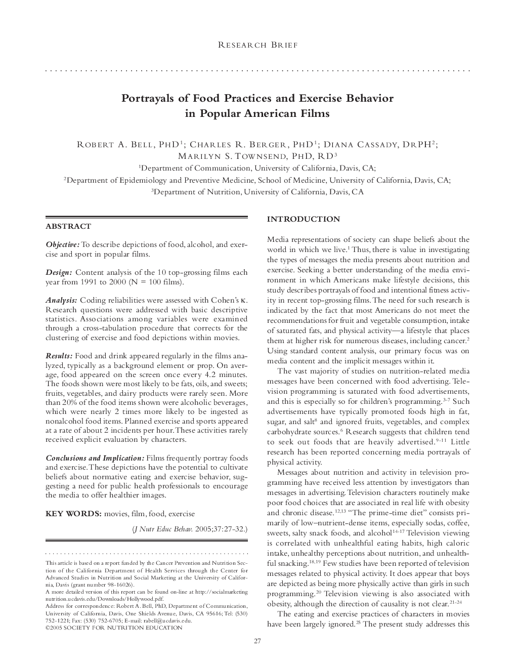 Portrayals of Food Practices and Exercise Behavior in Popular American Films