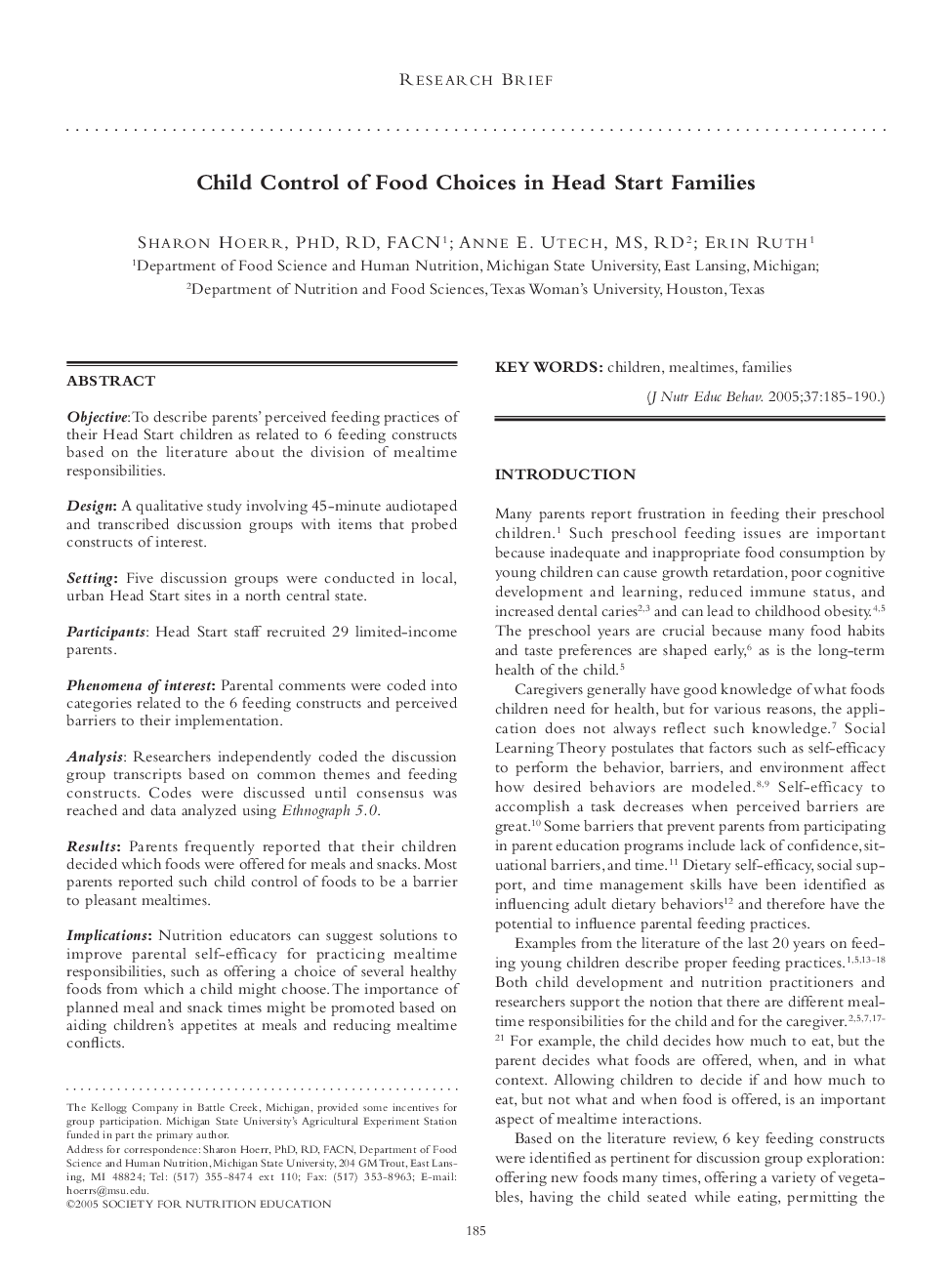 Child Control of Food Choices in Head Start Families