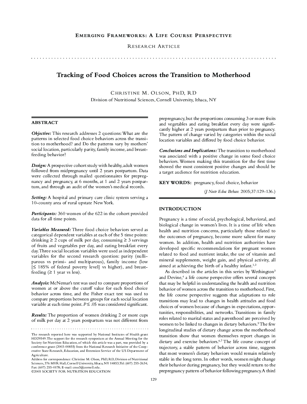 Tracking of Food Choices across the Transition to Motherhood