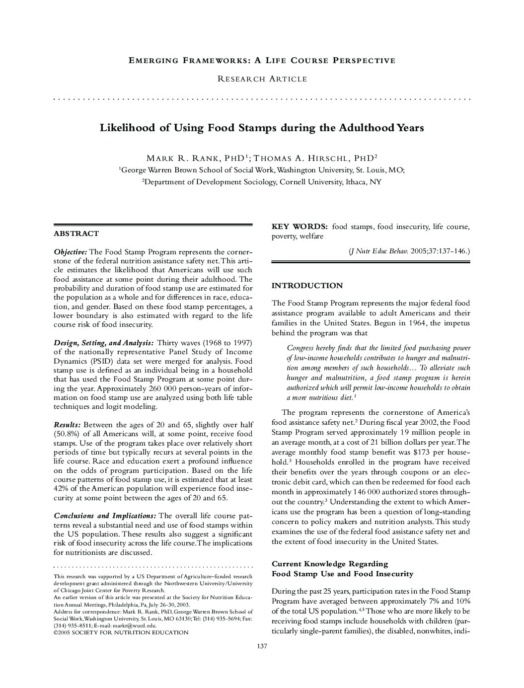 Likelihood of Using Food Stamps during the Adulthood Years