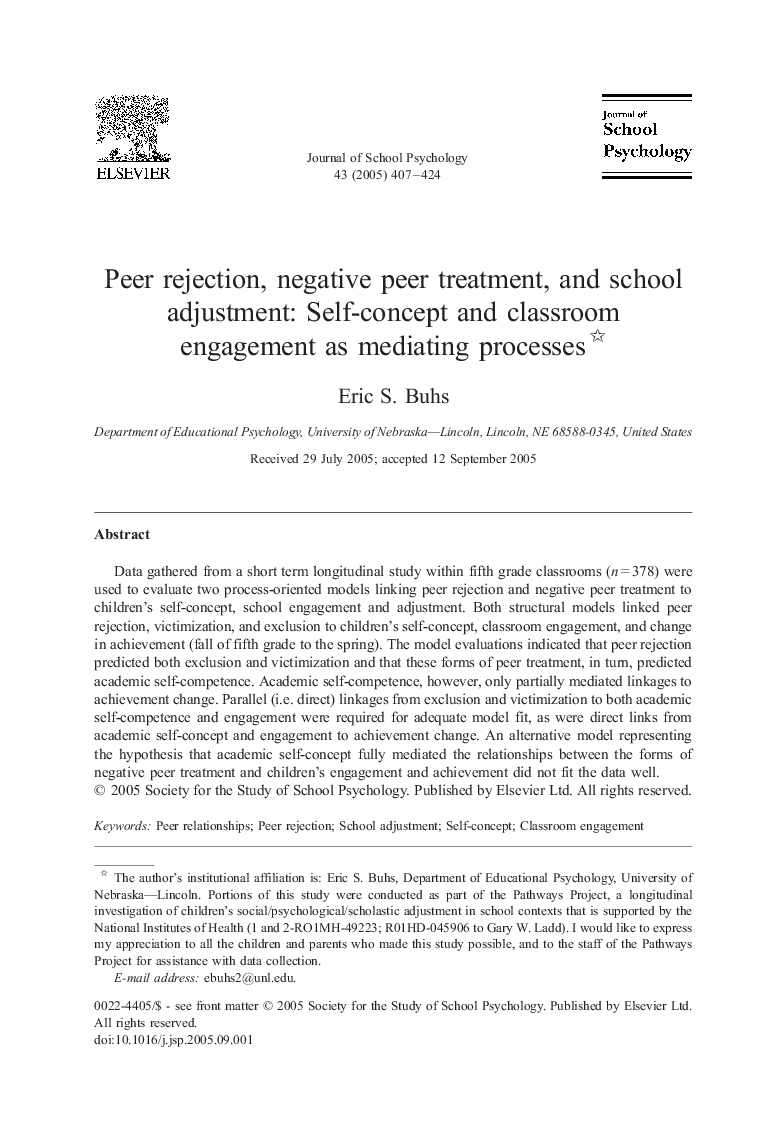 Peer rejection, negative peer treatment, and school adjustment: Self-concept and classroom engagement as mediating processes