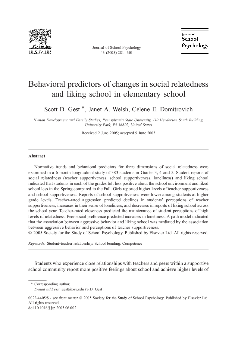 Behavioral predictors of changes in social relatedness and liking school in elementary school